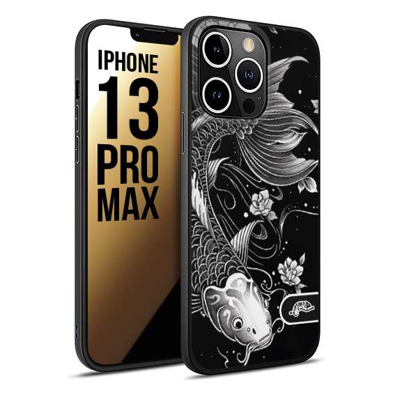 CUSTOMIZZA - Custodia cover nera morbida in tpu compatibile per iPhone 13 PRO MAX carpa koi black and white bianco a rilievo disegnato tattoo tatuaggio