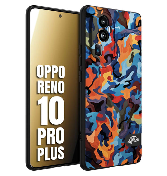 CUSTOMIZZA - Custodia cover nera morbida in tpu compatibile per Oppo Reno 10 PRO PLUS camouflage mimetico militare moderno blu arancio rosso