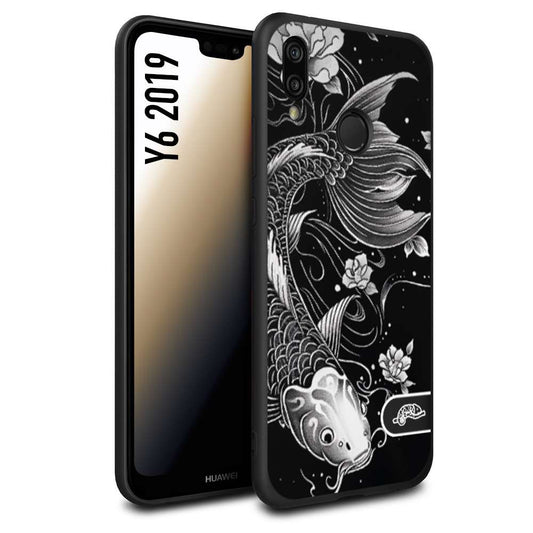 CUSTOMIZZA - Custodia cover nera morbida in tpu compatibile per Huawei Y6 2019 carpa koi black and white bianco a rilievo disegnato tattoo tatuaggio