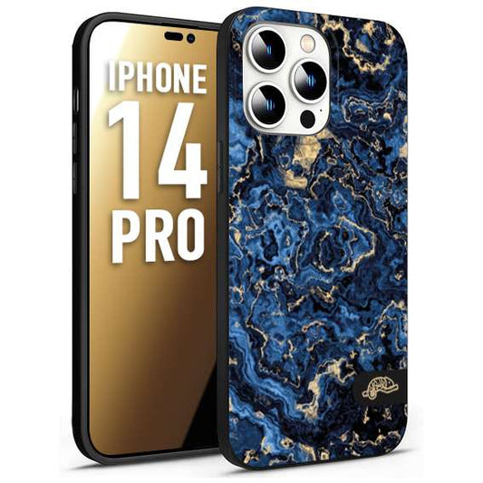 CUSTOMIZZA - Custodia cover nera morbida in tpu compatibile per iPhone 14 PRO effetto marmo marble blu venature dorato psichedelico