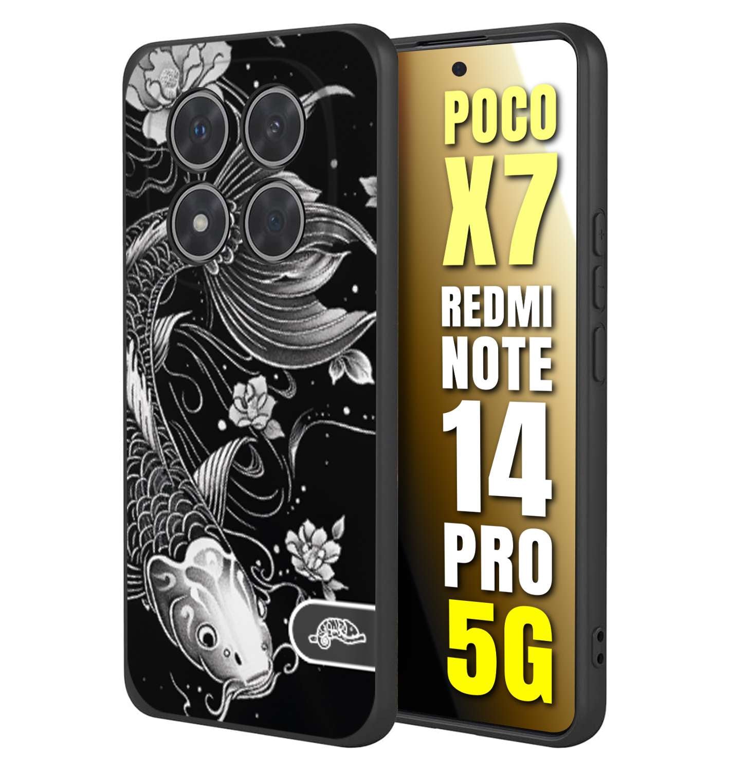 CUSTOMIZZA - Custodia cover nera morbida in tpu compatibile per Xiaomi Redmi Note 14 PRO 5G carpa koi black and white bianco a rilievo disegnato tattoo tatuaggio