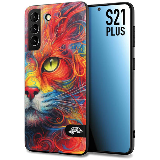 CUSTOMIZZA - Custodia cover nera morbida in tpu compatibile per Samsung S21 PLUS animali color cat gatto viso colori vibranti disegnato schizzo