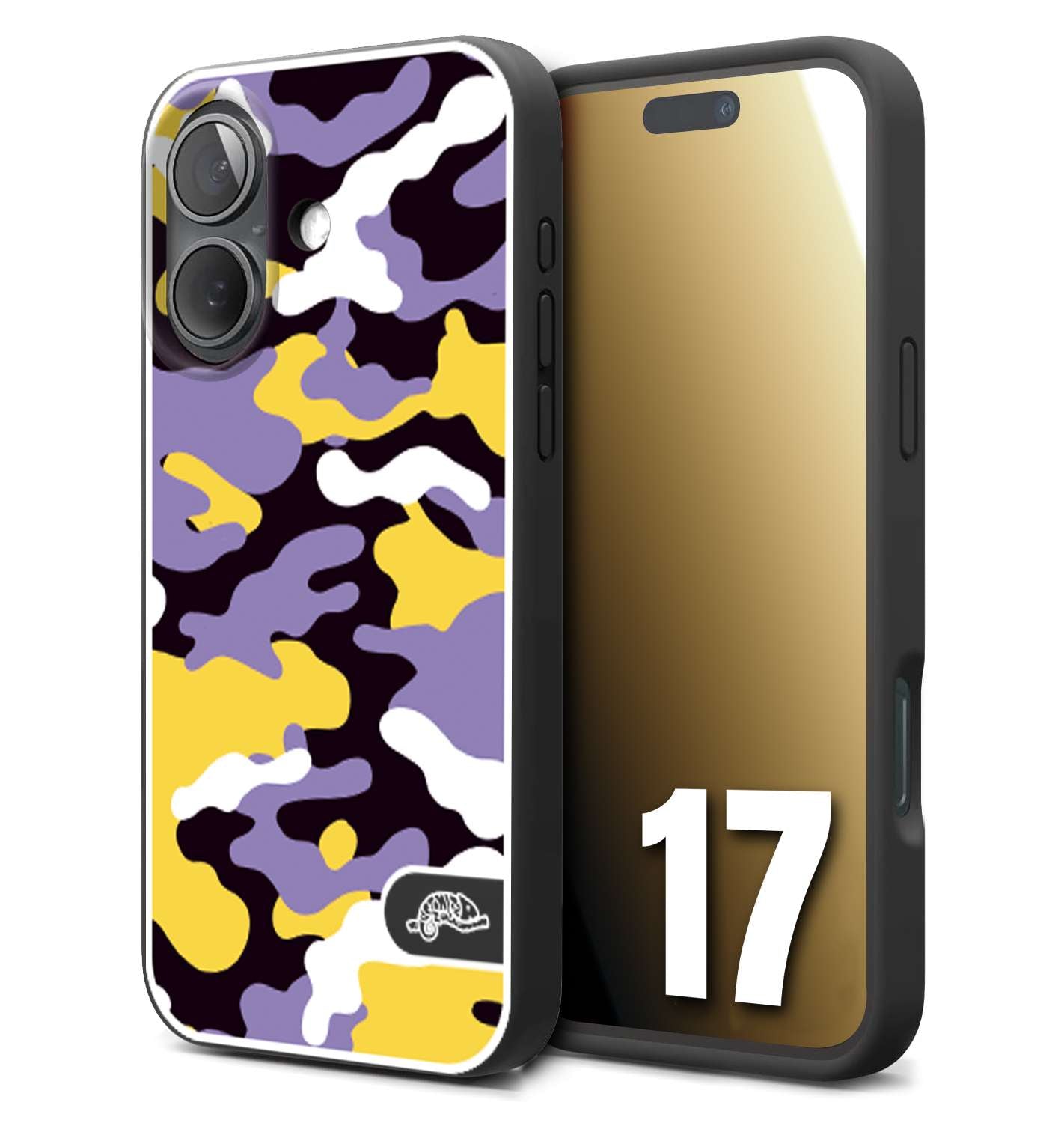 CUSTOMIZZA - Custodia cover nera morbida in tpu compatibile per iPhone 17 camouflage mimetico militare viola lilla giallo