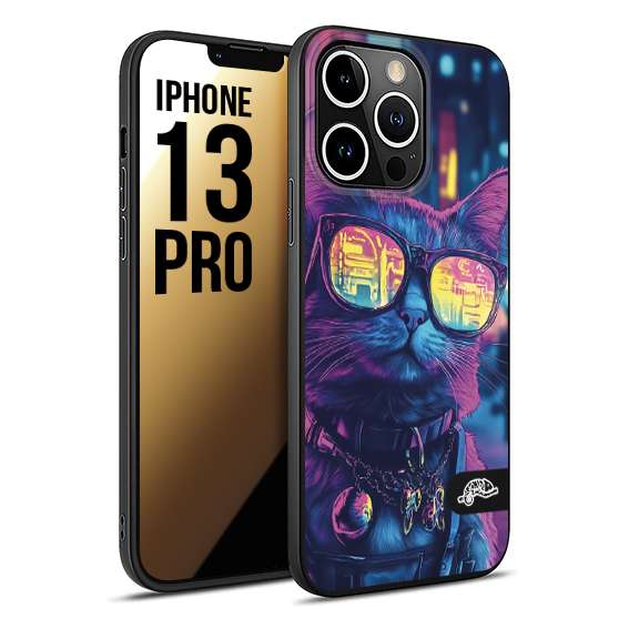 CUSTOMIZZA - Custodia cover nera morbida in tpu compatibile per iPhone 13 PRO animali cyberpunk gatto street cat fucsia blu giallo