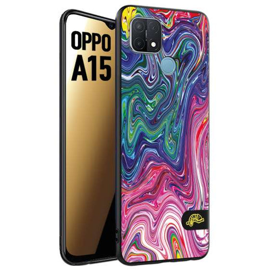 CUSTOMIZZA - Custodia cover nera morbida in tpu compatibile per Oppo A15 colorata fantasia vortice marmo arcobaleno rosa blu fucsia