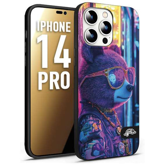 CUSTOMIZZA - Custodia cover nera morbida in tpu compatibile per iPhone 14 PRO animali cyberpunk orsetto orso street bear fucsia blu night