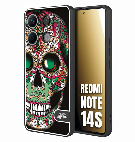 CUSTOMIZZA - Custodia cover nera morbida in tpu compatibile per Xiaomi Redmi Note 14S teschio messicano Mexican skull verde fucsia