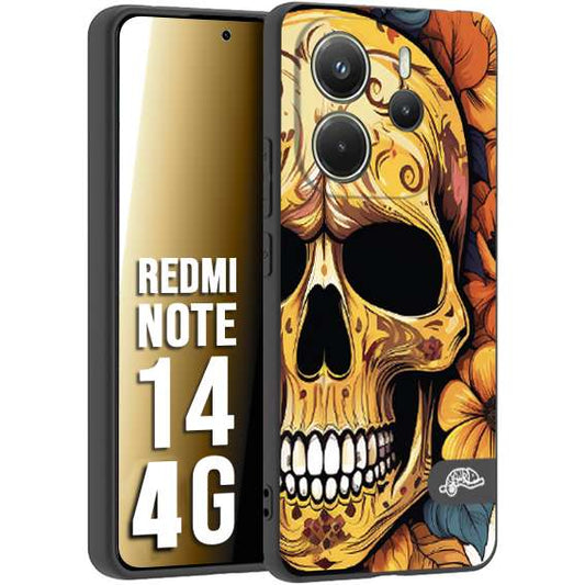 CUSTOMIZZA - Custodia cover nera morbida in tpu compatibile per Xiaomi Redmi Note 14 4G teschio messicano colorato dorato fiori autunnali disegnato