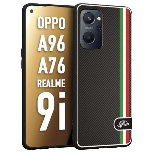 CUSTOMIZZA - Custodia cover nera morbida in tpu compatibile per Realme 9i - A96 - A76 effetto fibra di carbonio bandiera Italia made in Italy