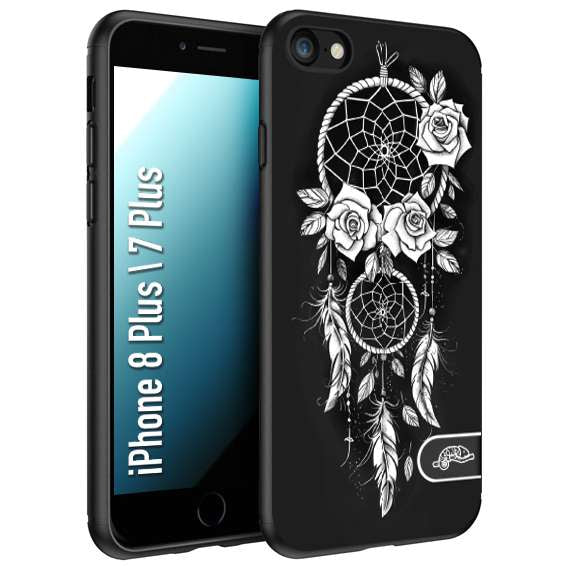 CUSTOMIZZA - Custodia cover nera morbida in tpu compatibile per iPhone 7 Plus - 8 plus acchiappasogni dreamcatcher black and white bianco a rilievo disegnato tattoo tatuaggio