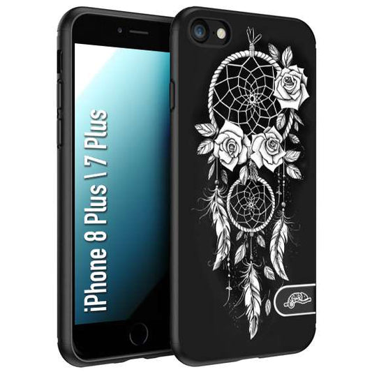 CUSTOMIZZA - Custodia cover nera morbida in tpu compatibile per iPhone 7 Plus - 8 plus acchiappasogni dreamcatcher black and white bianco a rilievo disegnato tattoo tatuaggio