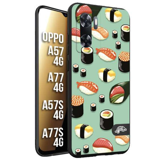 CUSTOMIZZA - Custodia cover nera morbida in tpu compatibile per Oppo A57 - A77 - A57S - A77S (4G) sushi disegni giapponese nighiri acquamarina verde
