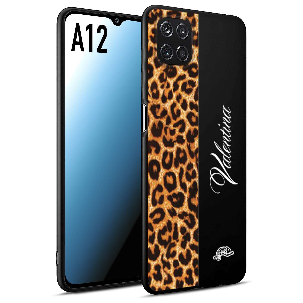 CUSTOMIZZA - Custodia cover nera morbida in tpu compatibile per Samsung A12 custom nome scritta leopardato maculato donna marrone leopard