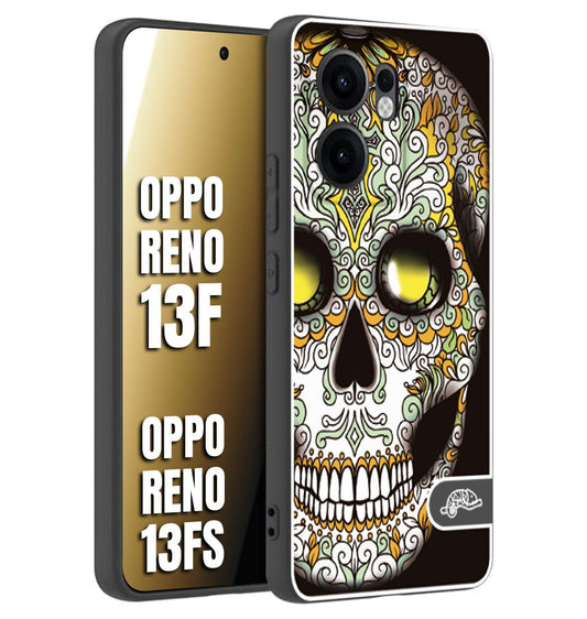 CUSTOMIZZA - Custodia cover nera morbida in tpu compatibile per Oppo Reno 13 F teschio messicano Mexican skull bianco verde giallo