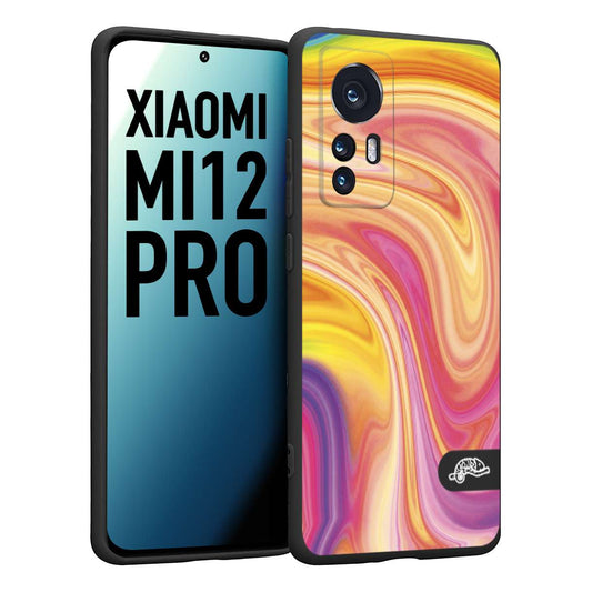 CUSTOMIZZA - Custodia cover nera morbida in tpu compatibile per Xiaomi 12 PRO colorata fantasia vortice marmo onde rosa fucsia gialla