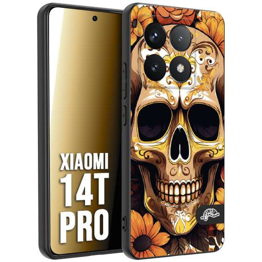 CUSTOMIZZA - Custodia cover nera morbida in tpu compatibile per Xiaomi 14T PRO teschio messicano colorato dorato fiori tattoo disegnato
