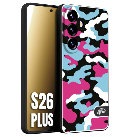 CUSTOMIZZA - Custodia cover nera morbida in tpu compatibile per Samsung S26 PLUS camouflage mimetico militare fucsia celeste