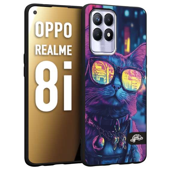 CUSTOMIZZA - Custodia cover nera morbida in tpu compatibile per Realme 8i animali cyberpunk gatto street cat fucsia blu giallo