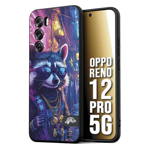 CUSTOMIZZA - Custodia cover nera morbida in tpu compatibile per Oppo Reno 12 PRO 5G animali simpatici cyberpunk procione racoon street cat fucsia blu giallo