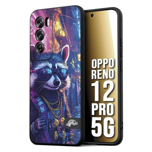 CUSTOMIZZA - Custodia cover nera morbida in tpu compatibile per Oppo Reno 12 PRO 5G animali simpatici cyberpunk procione racoon street cat fucsia blu giallo