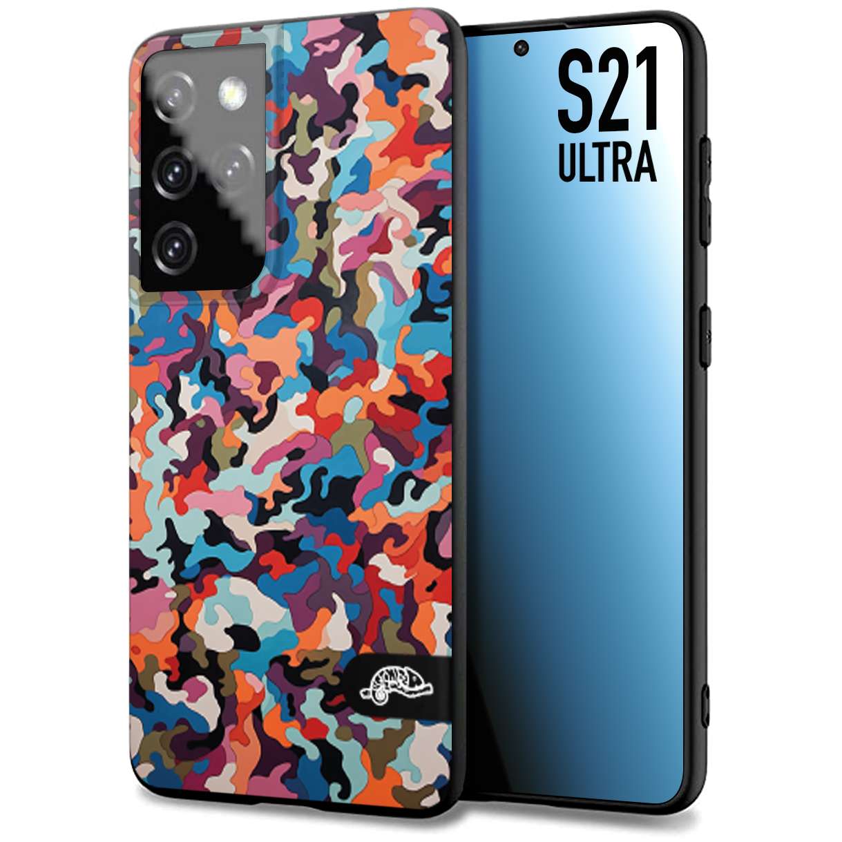 CUSTOMIZZA - Custodia cover nera morbida in tpu compatibile per Samsung S21 ULTRA camouflage mimetico militare moderno blu arancio rosa