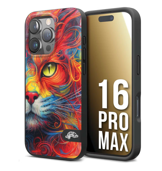 CUSTOMIZZA - Custodia cover nera morbida in tpu compatibile per iPhone 16 PRO MAX animali color cat gatto viso colori vibranti disegnato schizzo