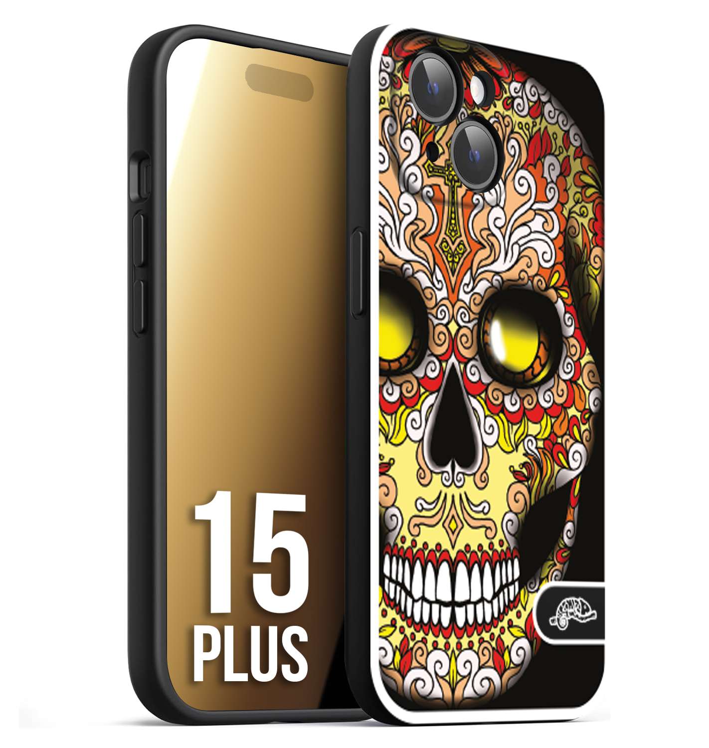 CUSTOMIZZA - Custodia cover nera morbida in tpu compatibile per iPhone 15 PLUS teschio messicano Mexican skull giallo rosso arancio