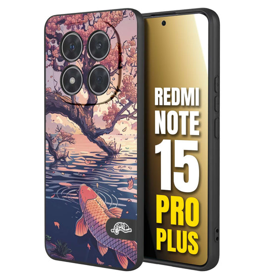 CUSTOMIZZA - Custodia cover nera morbida in tpu compatibile per Xiaomi Redmi Note 15 PRO PLUS giapponese lago carpa koi rosa con foglie d'acero disegnata tattoo