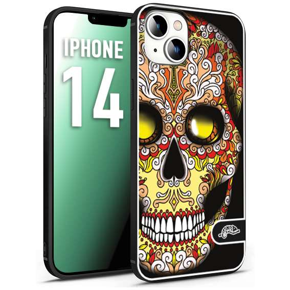 CUSTOMIZZA - Custodia cover nera morbida in tpu compatibile per iPhone 14 teschio messicano Mexican skull giallo rosso arancio