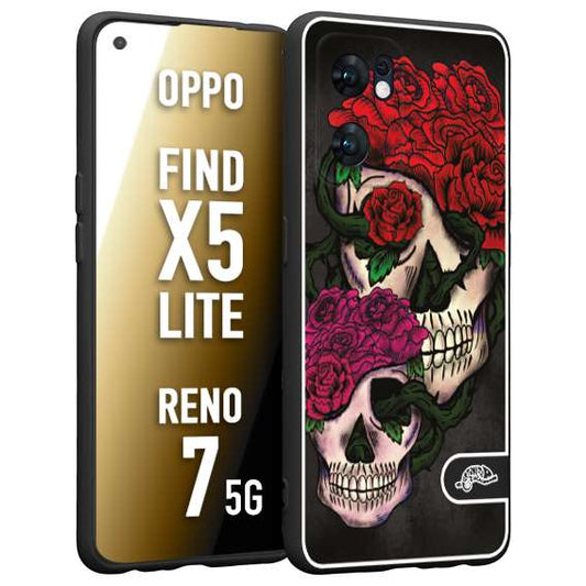 CUSTOMIZZA - Custodia cover nera morbida in tpu compatibile per Oppo Reno 7 - Find X5 LITE teschi e rose rosse fucsia skull and roses