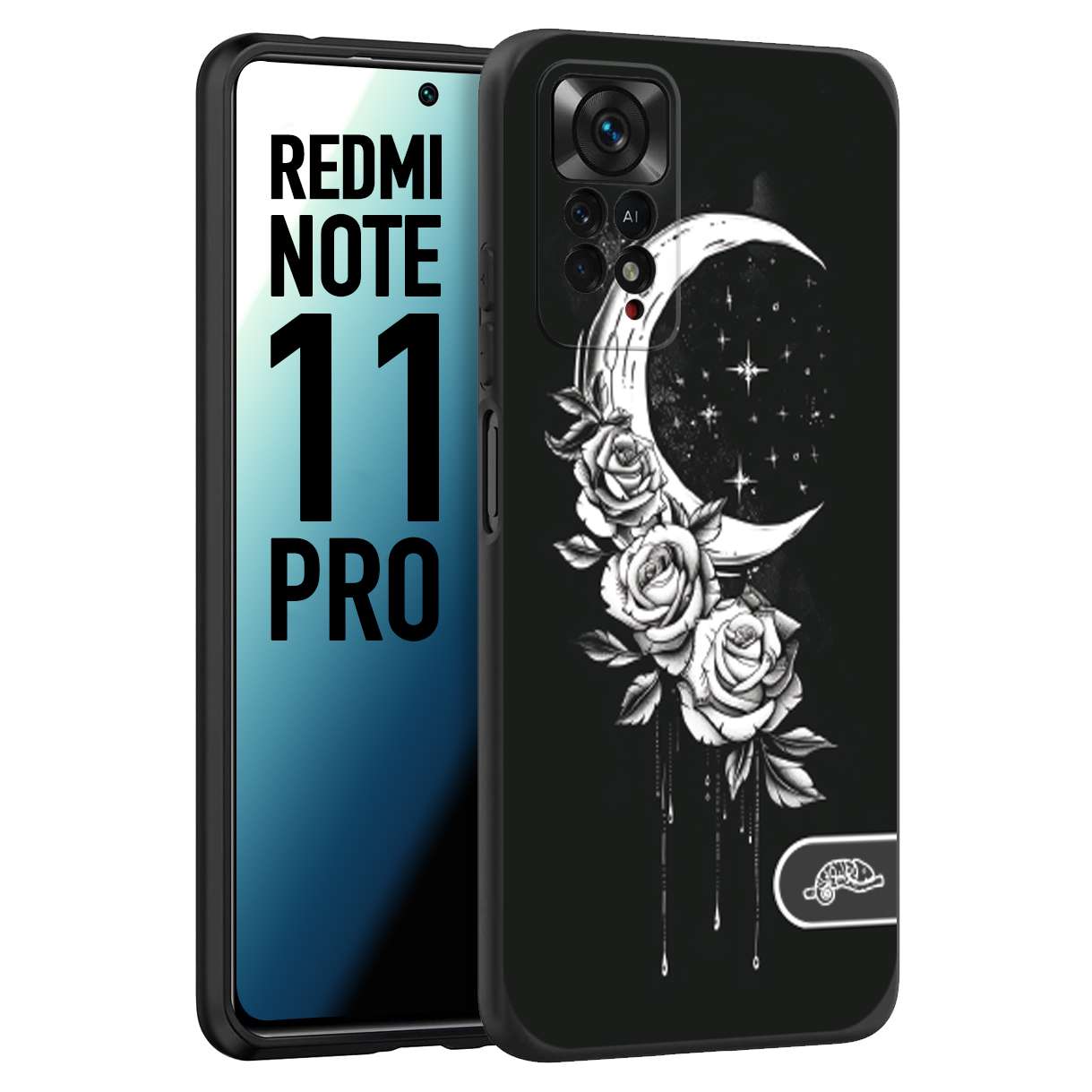 CUSTOMIZZA - Custodia cover nera morbida in tpu compatibile per Xiaomi Redmi Note 11 PRO luna e fiori moon flowers black and white bianco a rilievo disegnato tattoo tatuaggio