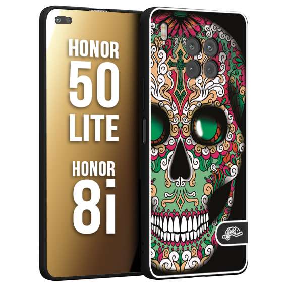 CUSTOMIZZA - Custodia cover nera morbida in tpu compatibile per Honor 8i - Honor 50 LITE teschio messicano Mexican skull verde fucsia