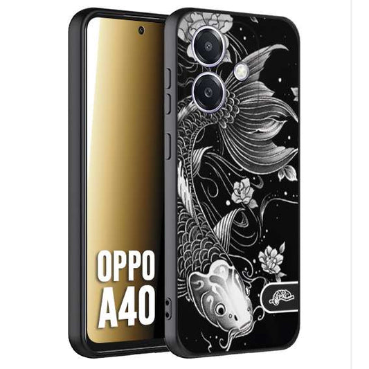 CUSTOMIZZA - Custodia cover nera morbida in tpu compatibile per Oppo A40 carpa koi black and white bianco a rilievo disegnato tattoo tatuaggio