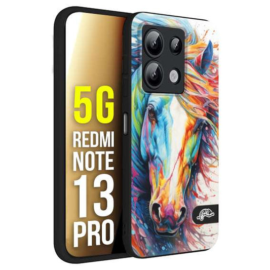 CUSTOMIZZA - Custodia cover nera morbida in tpu compatibile per Xiaomi Redmi Note 13 PRO 5G animali color cavallo horse viso colori vibranti disegnato schizzo