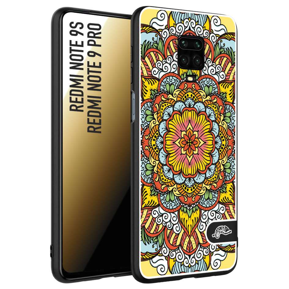 CUSTOMIZZA - Custodia cover nera morbida in tpu compatibile per Xiaomi Redmi Note 9S - Note 9 PRO mandala colorato fiore nuvole arancione