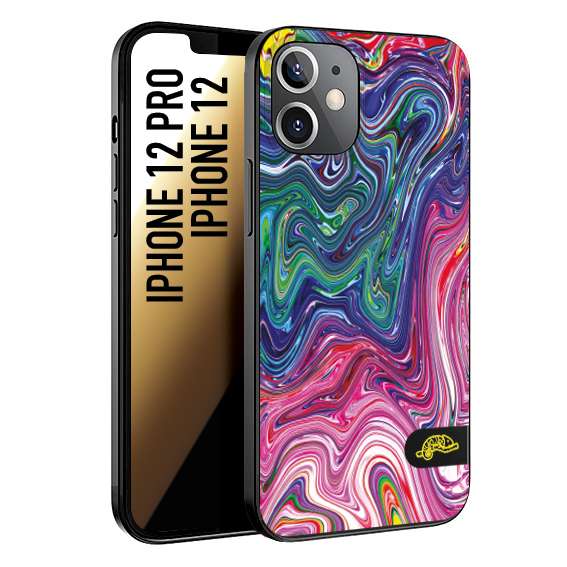 CUSTOMIZZA - Custodia cover nera morbida in tpu compatibile per iPhone 12 - 12 PRO colorata fantasia vortice marmo arcobaleno rosa blu fucsia