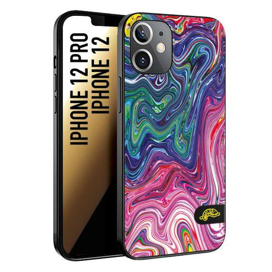 CUSTOMIZZA - Custodia cover nera morbida in tpu compatibile per iPhone 12 - 12 PRO colorata fantasia vortice marmo arcobaleno rosa blu fucsia