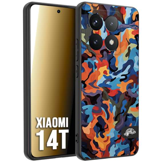 CUSTOMIZZA - Custodia cover nera morbida in tpu compatibile per Xiaomi 14T camouflage mimetico militare moderno blu arancio rosso