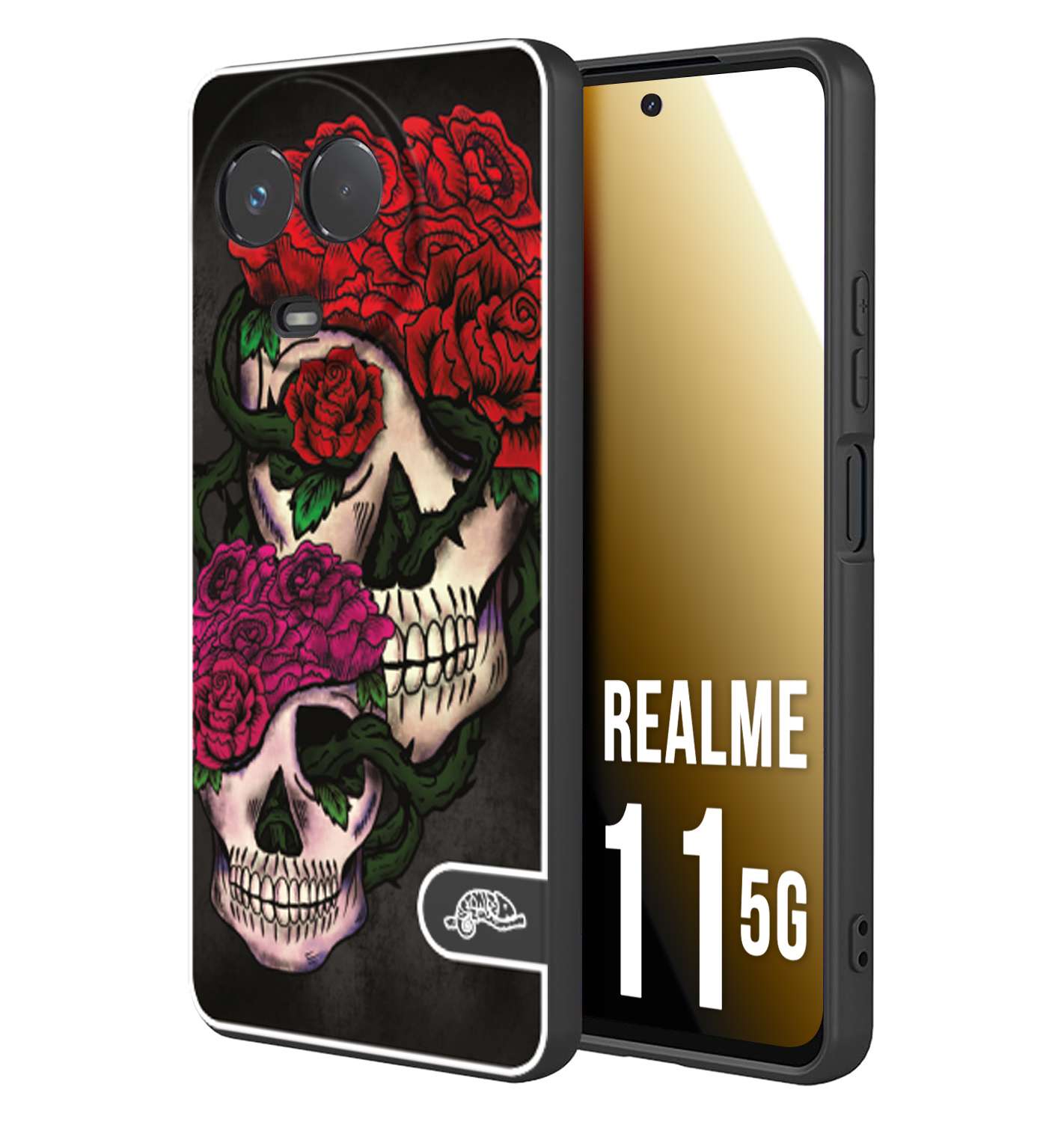 CUSTOMIZZA - Custodia cover nera morbida in tpu compatibile per Oppo Realme 11 5G teschi e rose rosse fucsia skull and roses