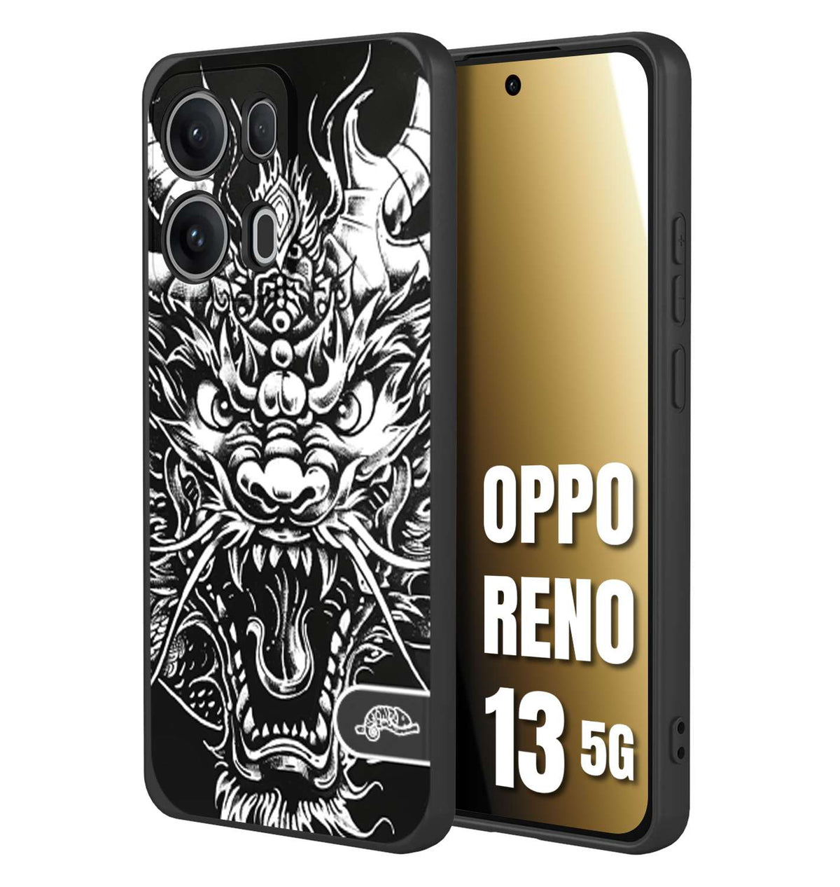 CUSTOMIZZA - Custodia cover nera morbida in tpu compatibile per Oppo Reno 13 5G drago black and white bianco a rilievo disegnato tattoo tatuaggio