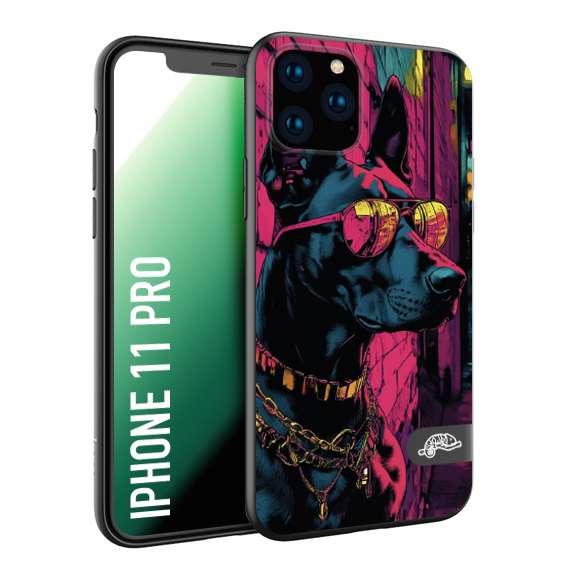 CUSTOMIZZA - Custodia cover nera morbida in tpu compatibile per iPhone 11 PRO animali cyberpunk dobermann cane street dog fucsia blu