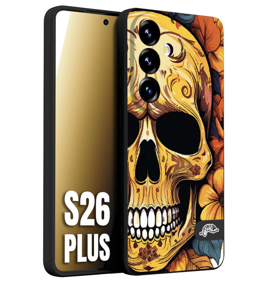 CUSTOMIZZA - Custodia cover nera morbida in tpu compatibile per Samsung S26 PLUS teschio messicano colorato dorato fiori autunnali disegnato