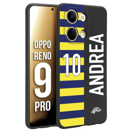 CUSTOMIZZA - Custodia cover nera morbida in tpu compatibile per Oppo Reno 9 PRO personalizzata calcio football nome e numero calciatori giallo blu