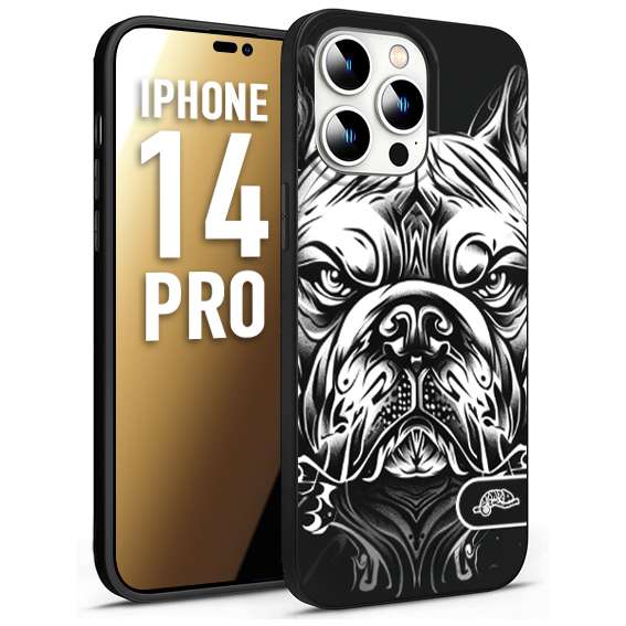 CUSTOMIZZA - Custodia cover nera morbida in tpu compatibile per iPhone 14 PRO bulldog bianco a rilievo disegnato tattoo tatuaggio