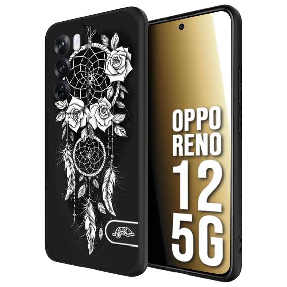 CUSTOMIZZA - Custodia cover nera morbida in tpu compatibile per Oppo Reno 12 5G acchiappasogni dreamcatcher black and white bianco a rilievo disegnato tattoo tatuaggio