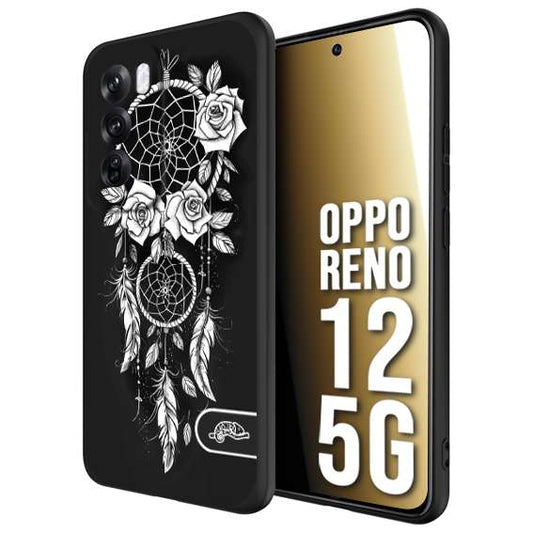 CUSTOMIZZA - Custodia cover nera morbida in tpu compatibile per Oppo Reno 12 5G acchiappasogni dreamcatcher black and white bianco a rilievo disegnato tattoo tatuaggio