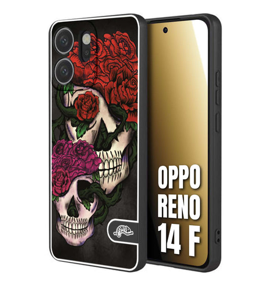 CUSTOMIZZA - Custodia cover nera morbida in tpu compatibile per Oppo Reno 14 F teschi e rose rosse fucsia skull and roses