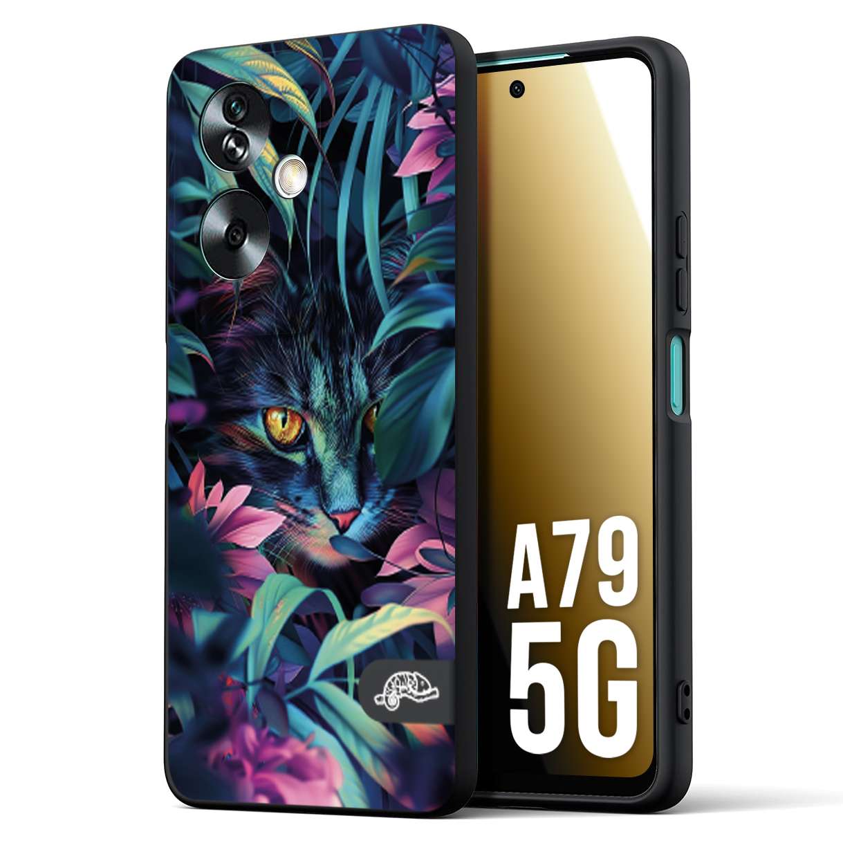 CUSTOMIZZA - Custodia cover nera morbida in tpu compatibile per Oppo A79 5G animali color giungla tropicale occhio di gatto colori vibranti disegnato