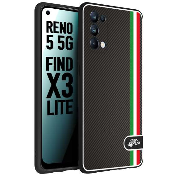 CUSTOMIZZA - Custodia cover nera morbida in tpu compatibile per Oppo Reno 5 5G effetto fibra di carbonio bandiera Italia made in Italy