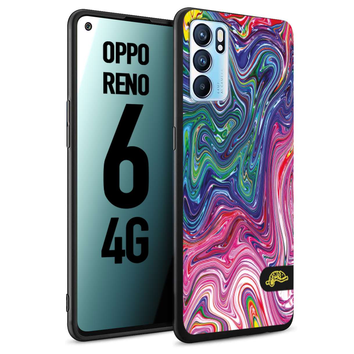 CUSTOMIZZA - Custodia cover nera morbida in tpu compatibile per Oppo Reno 6 4G colorata fantasia vortice marmo arcobaleno rosa blu fucsia